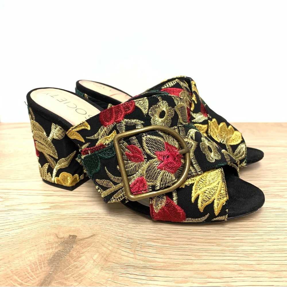 Sole Society Cezanne Gold Embroidery Floral Mules 5.5 Chunky‎ Block Heel Sandals